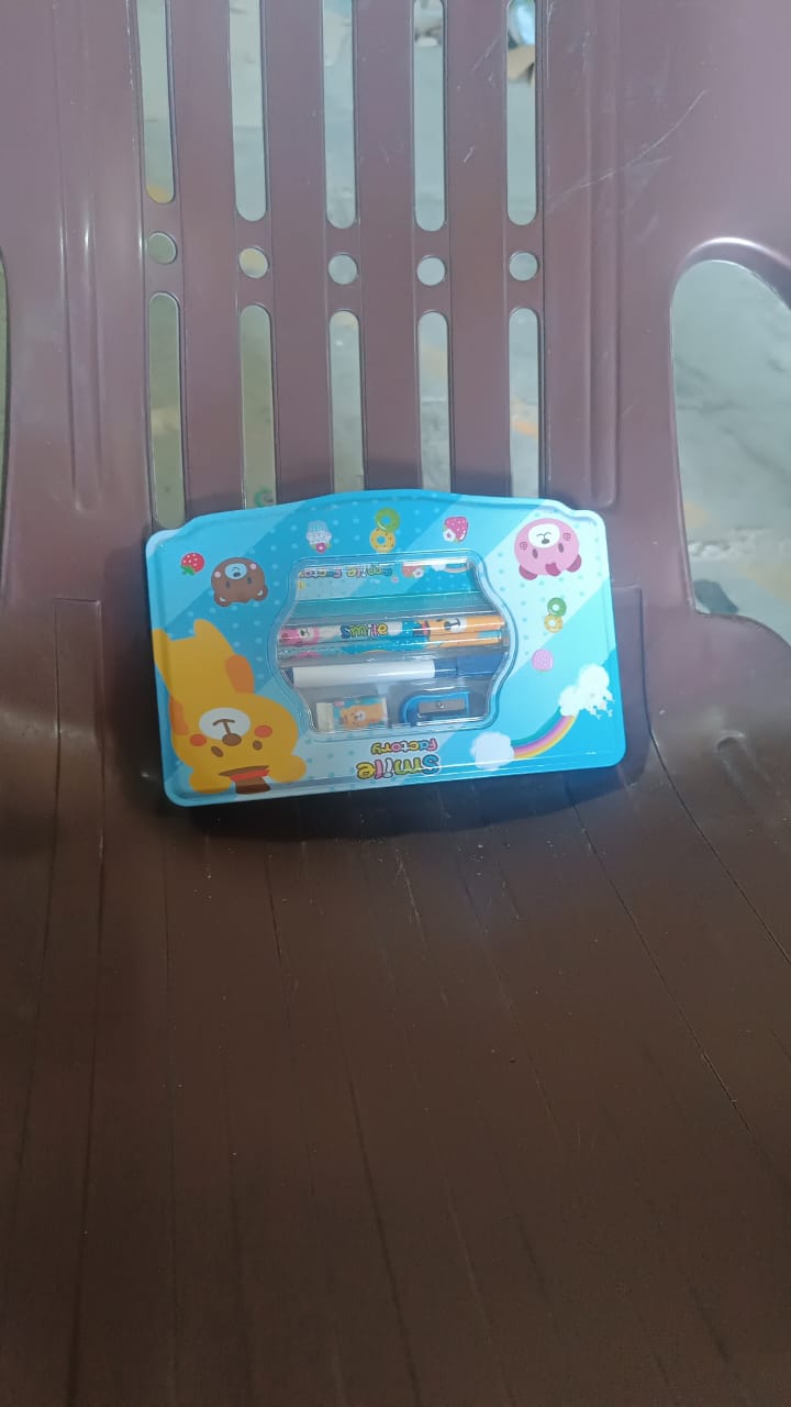 Cartoon Metal Compass Box for Kids with Stationery (6 Pc Set)