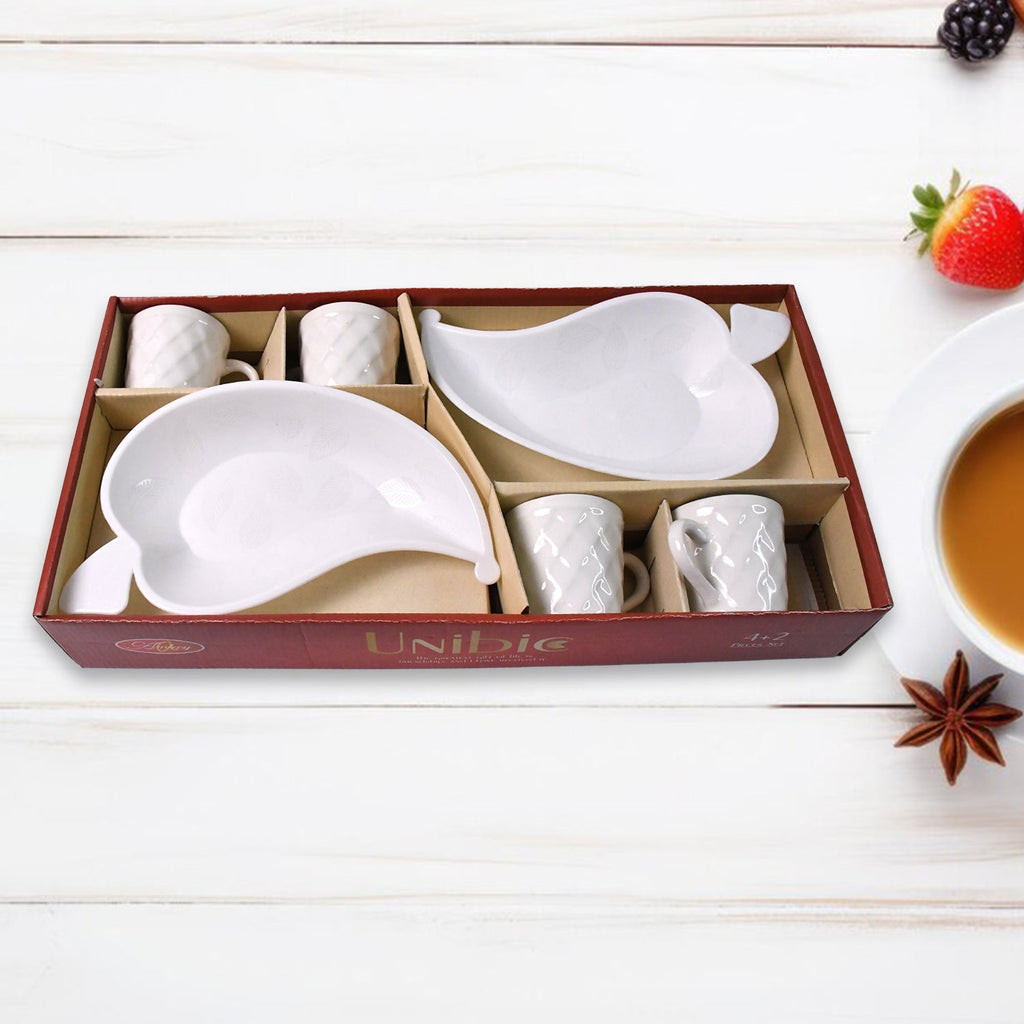 Unibic Ceramic Tea Cups With Plastic Leaf Shape tray / Platter (6 Pcs Set)