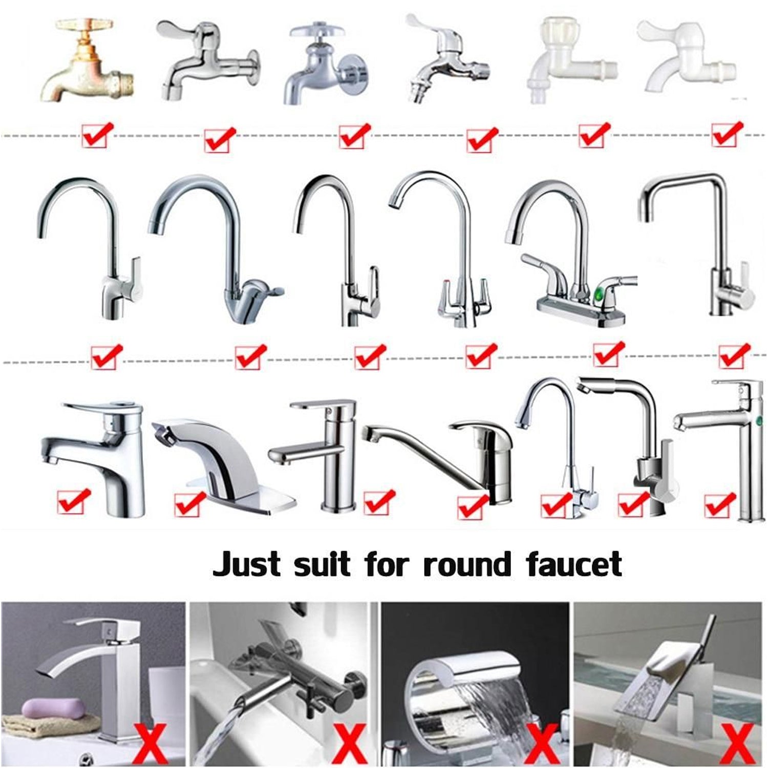 Kitchen and bathroom faucet nozzle, rotatable and adjustable for better water flow.