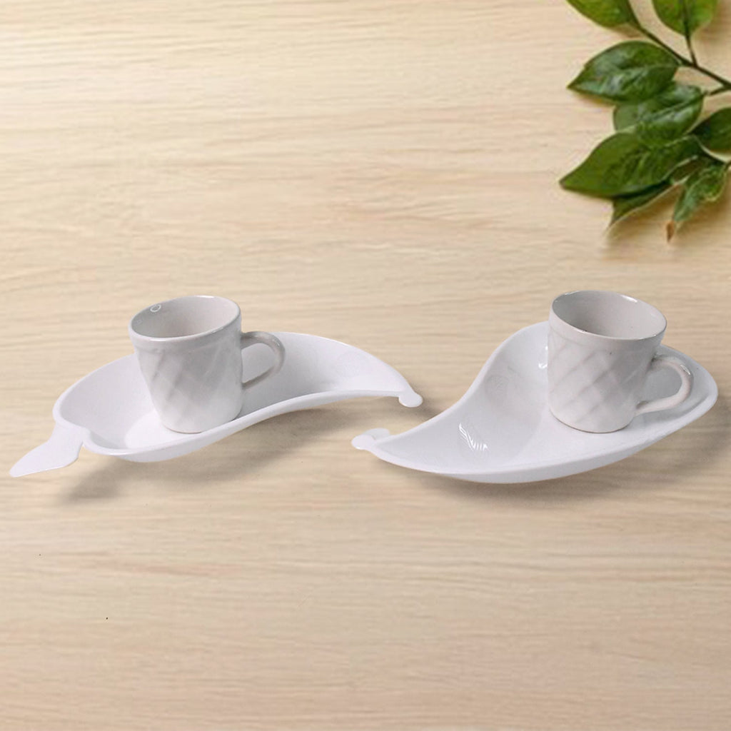Unibic Ceramic Tea Cups With Plastic Leaf Shape tray / Platter (6 Pcs Set)