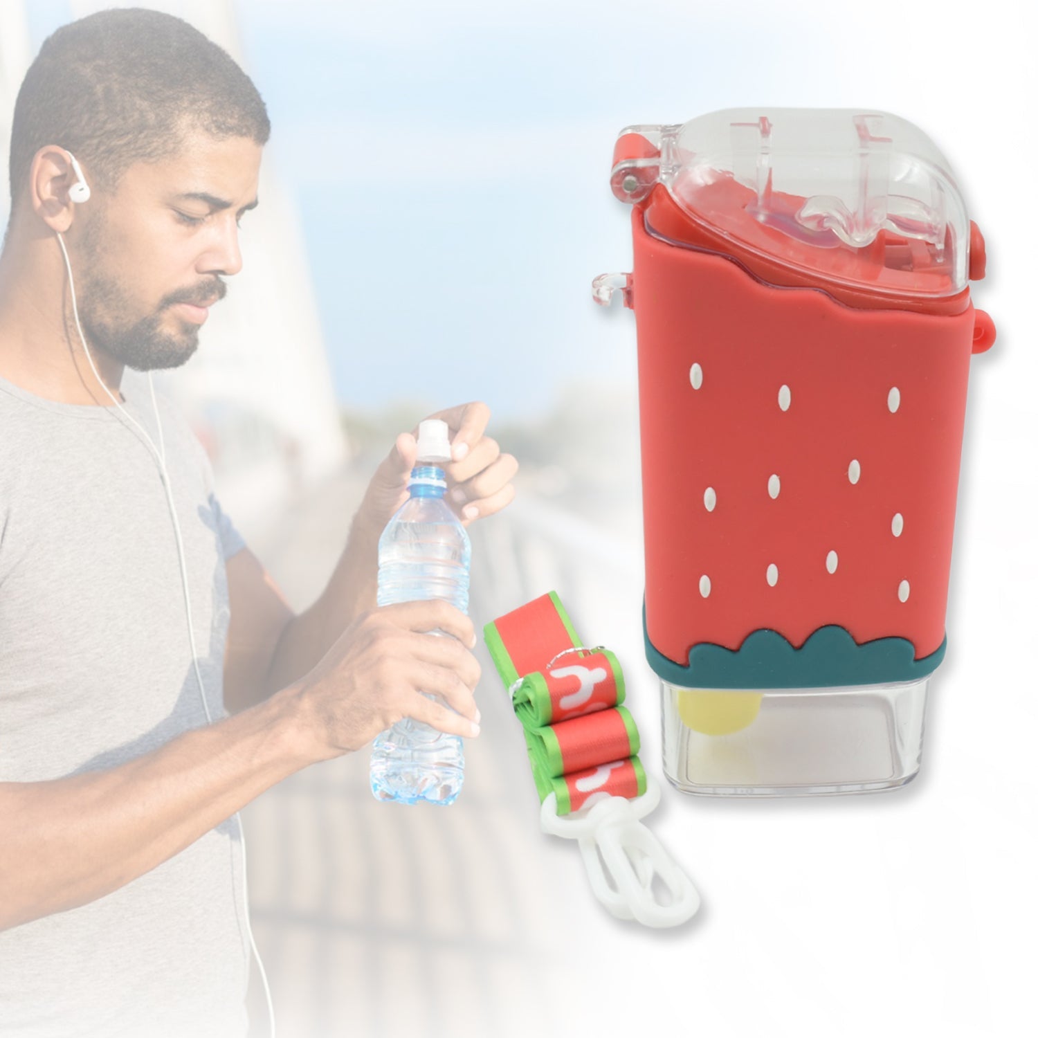 Portable Cute Water Bottle for Kids, Unique Ice Cream Shape water cup, sicle Shaped Plastic Kettle with Straw, Adjustable Shoulder Strap, BPA free, Leakproof (300 ML)