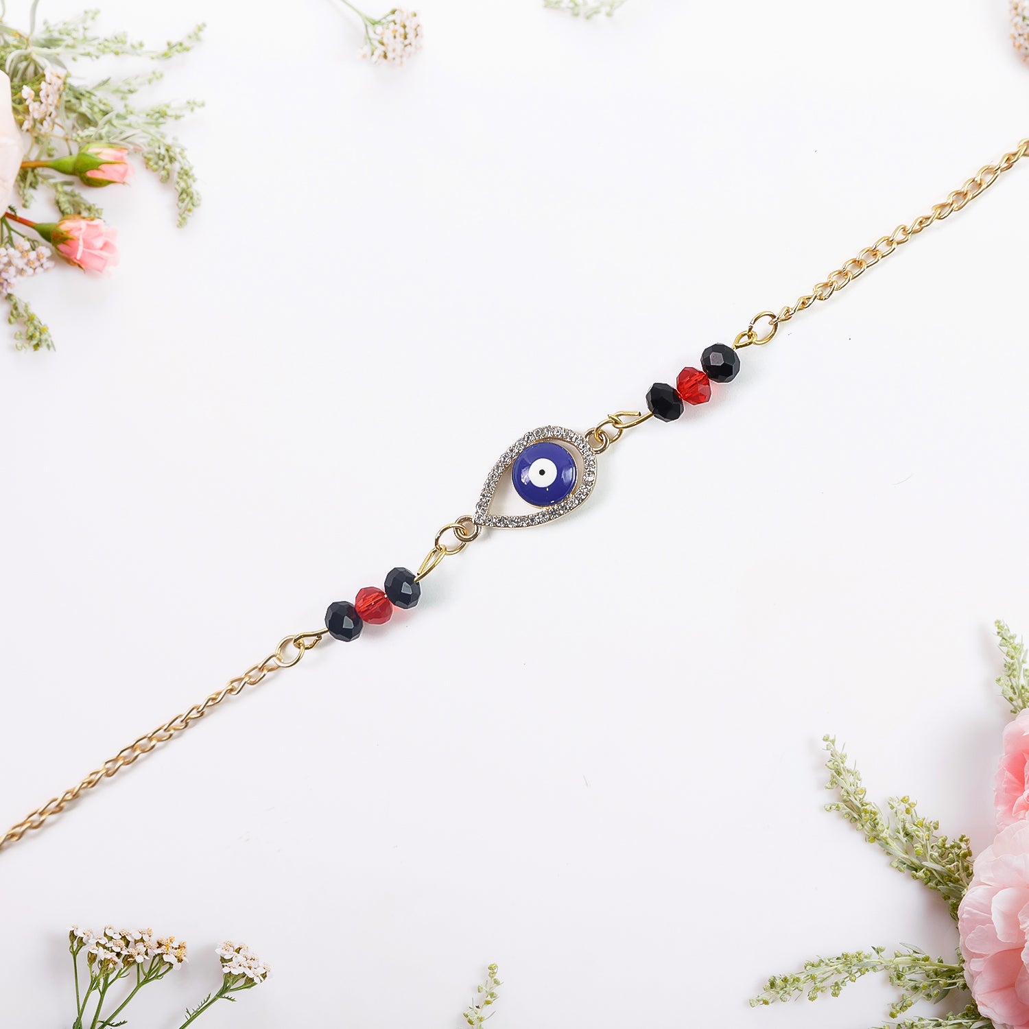 Royal Nazar Rakhi  Premium Evil Eye Protection Thread With Ornate Beads  Golden Chain