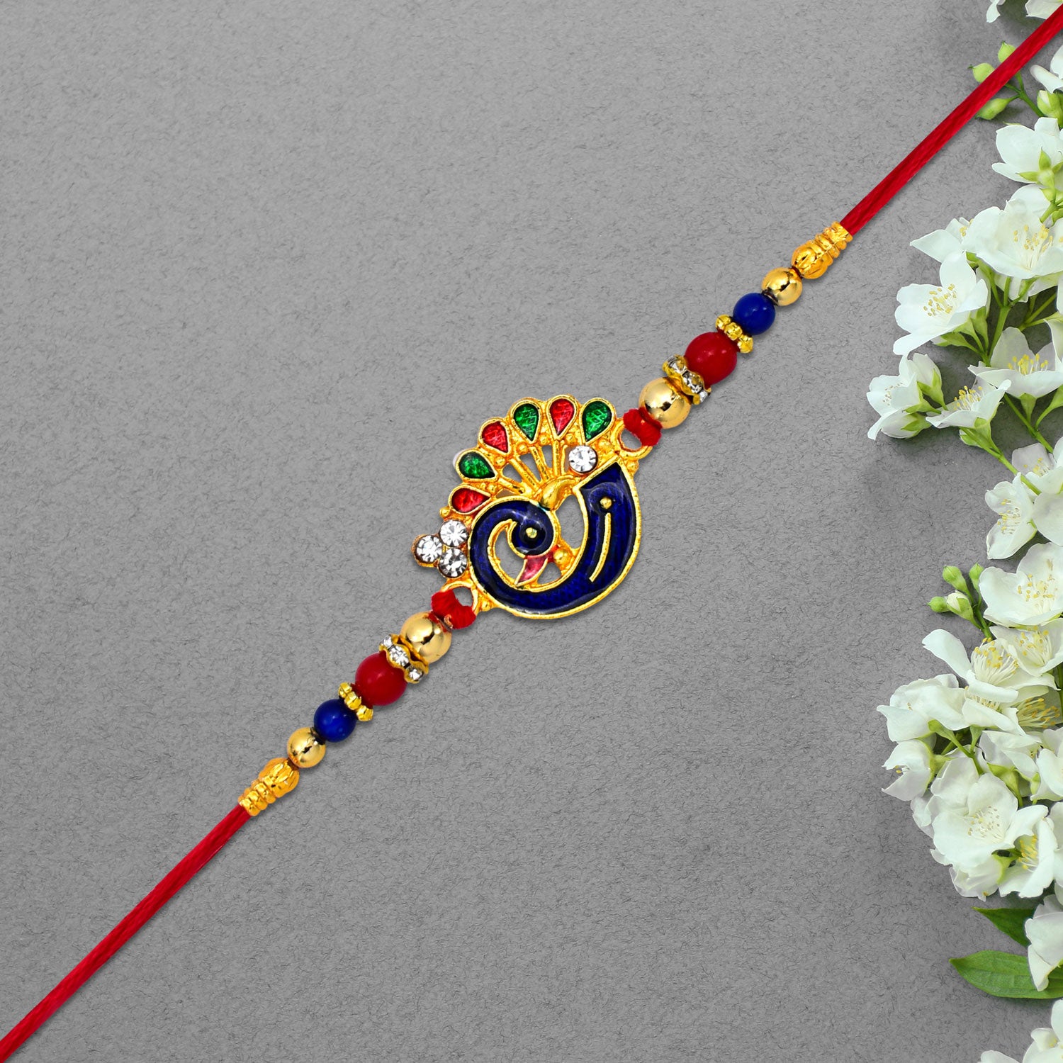 Peacock-themed Designer Rakhi With Colorful Beads  Blue Red  Gold Finish
