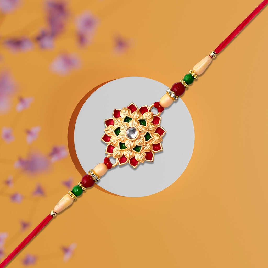 Designer Floral Rakhi With Beaded Strap  Red Green  Gold Accents