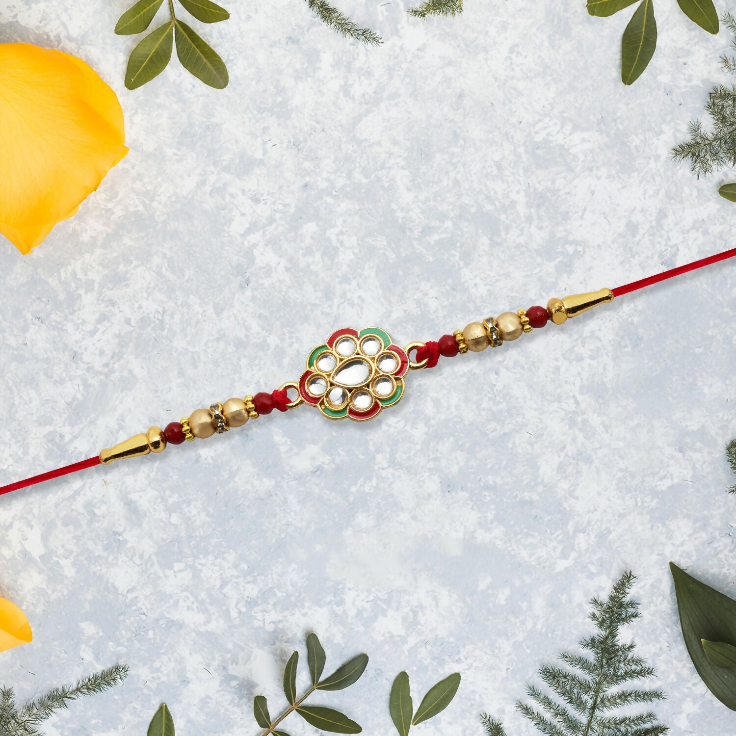 Kundan Work Floral Rakhi With Red Thread