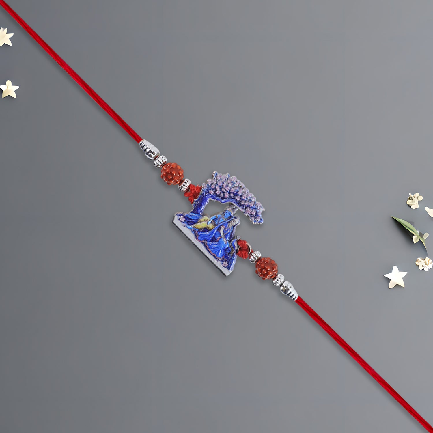 Radha Krishna Rakhi Under Tree Design With Rudraksha  Red Mauli Thread